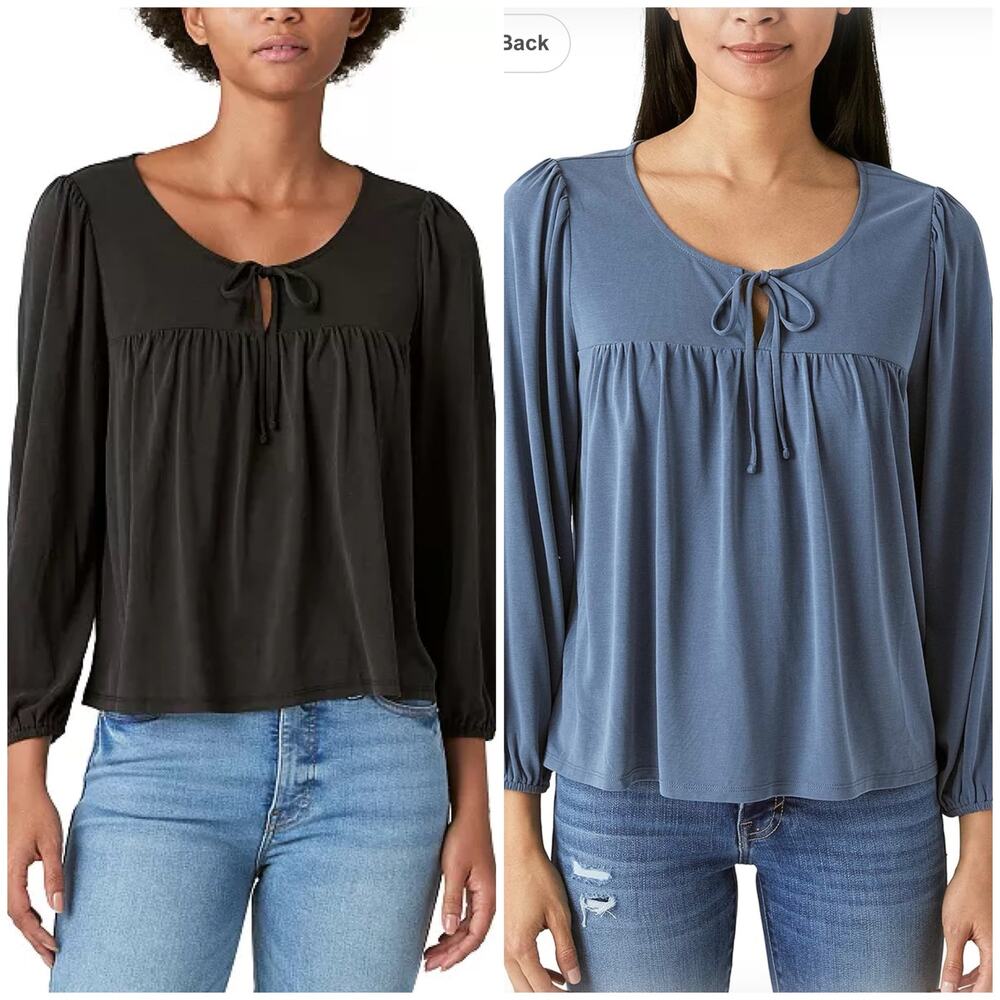 Lucky Brand Boho Sandwash XL Tops 2 Items Blue Black Relaxed Fit Blouson Sleeves - Picture 2 of 12